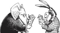 Pen and ink style illustration of a democrat donkey and a republican elephant taking a poll. Layered and grouped for easy color edits. Scale to any size. Check out my "Social Issues" light box for more political views.