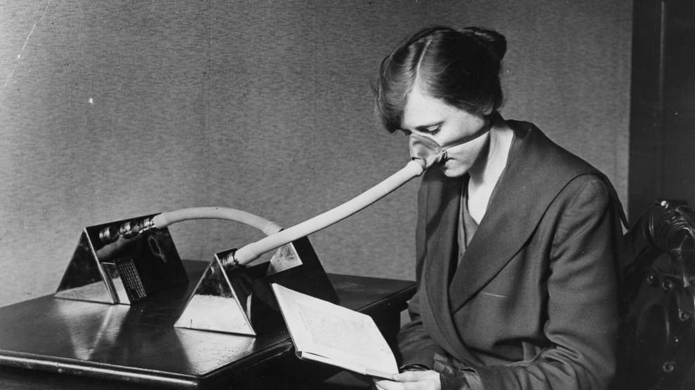 27th February 1919: A woman wearing a flu mask during the flu epidemic.