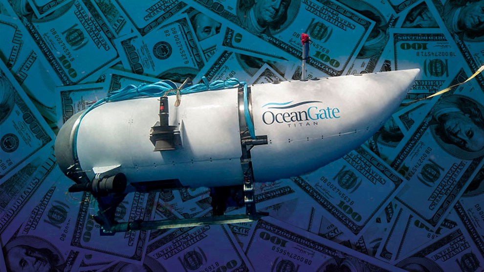 A photo illustration of Titan, the submersible that vanished on expedition to the Titanic wreckage, in an ocean of $100 bills.