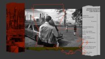 A collage of a photo of a city painted in red, a black and white photo of a Black man holding his young son with the outline of the state of Louisiana in orange placed over it, and a cut out of part of a lawsuit from Louisiana