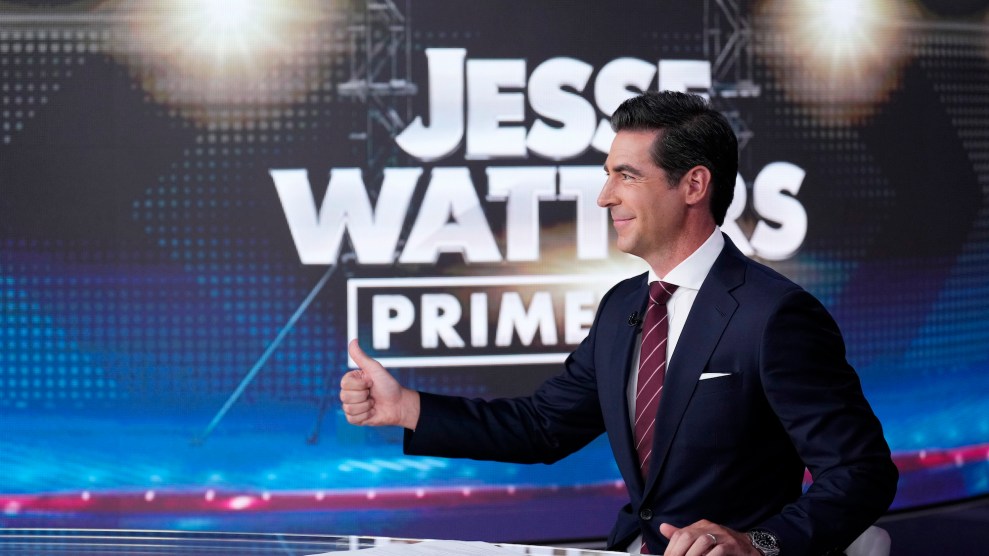 Jesse Watters, a white man with black hair, gives a thumbs up in front of a screen that says, "Jesse Watters Primetime"
