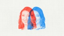 An illustration showing two copies of Erika Donalds' face overlapping. One layer is red and one is blue.