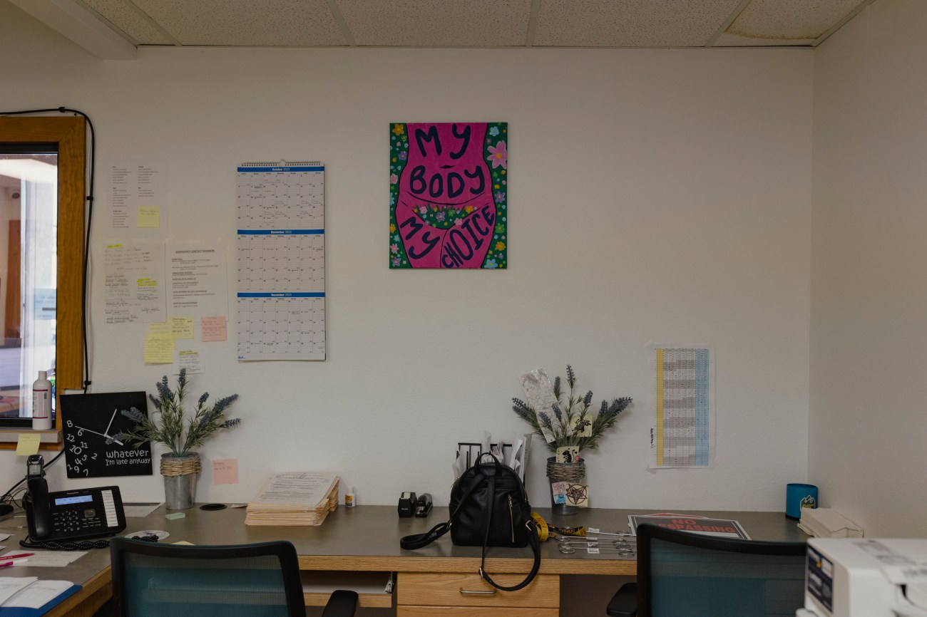 The interior of the Las Cruces Women's Health Organization with My Body My Choice poster on wall.