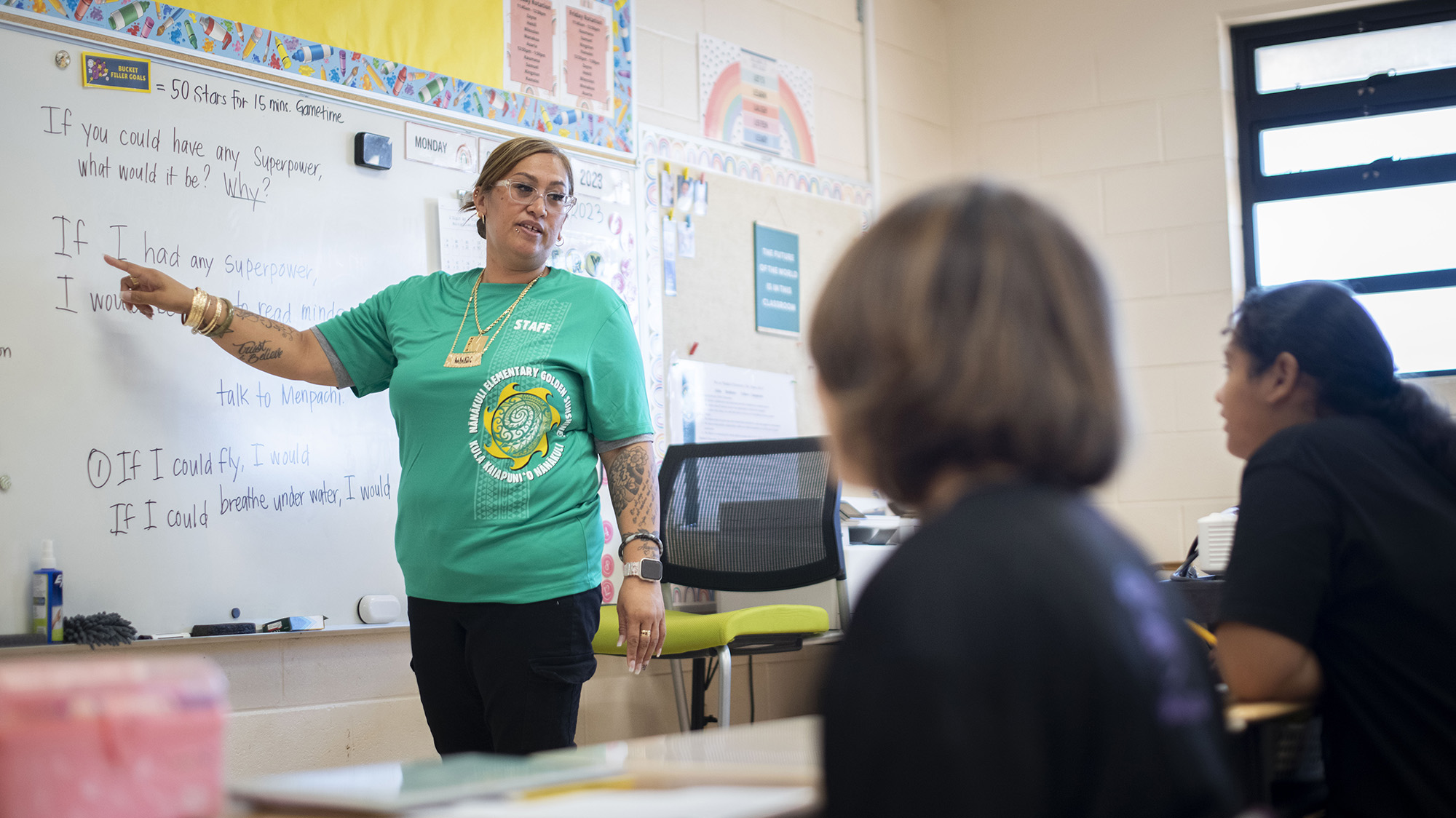 A teacher in a green T-shirt pointing to a whiteboard in a classroom.