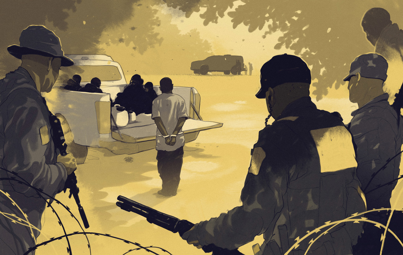 A digital illustration depicts a tense scene with several armed law enforcement officers surrounding a group of detained individuals. The detainees, with their hands bound behind their backs, are being loaded into the back of a truck under the watchful eyes of the officers. The background is shaded in a muted yellow tone, with silhouettes of more vehicles and personnel visible in the distance. Barbed wire is seen in the foreground.