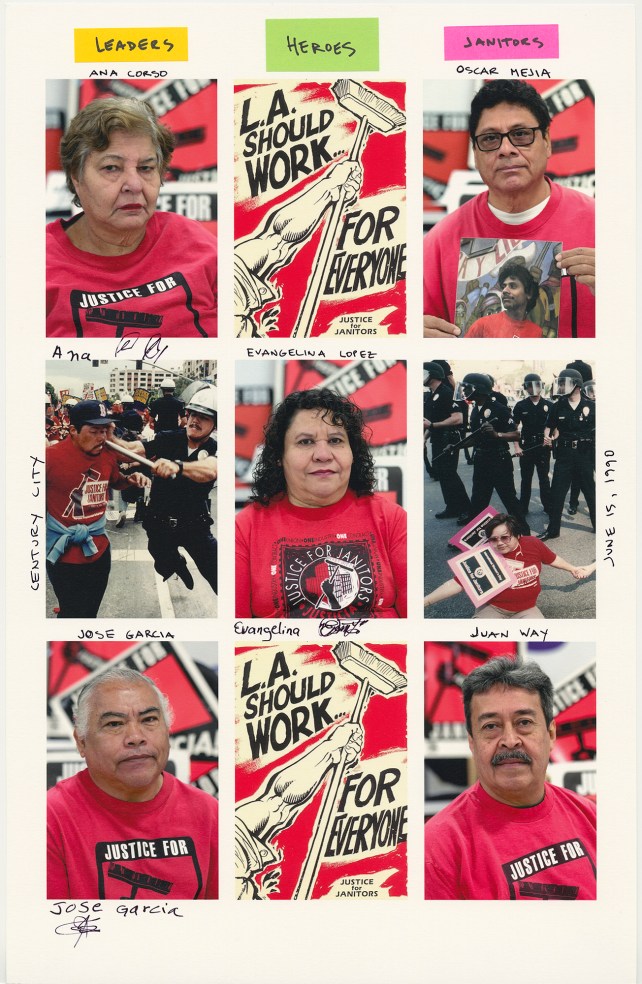 A grid of nine photos with handwriting on it. At the top it reads: Leaders, Heros, Janitors.