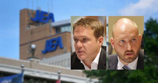 Headshots of two worried-looking white male energy executives in court