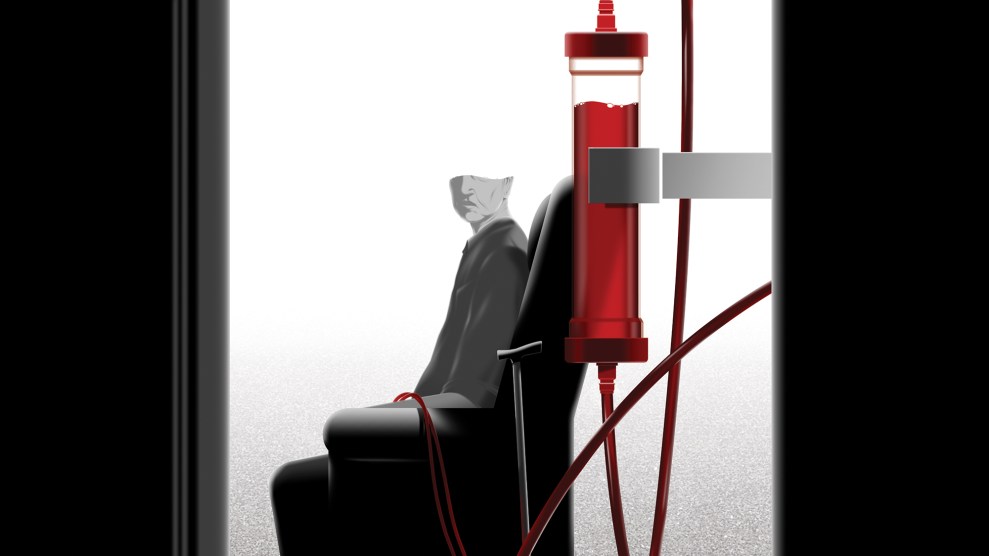 Illustration of a dialysis machine filtering blood from a patient, an old man, who sits in a chair in the background.