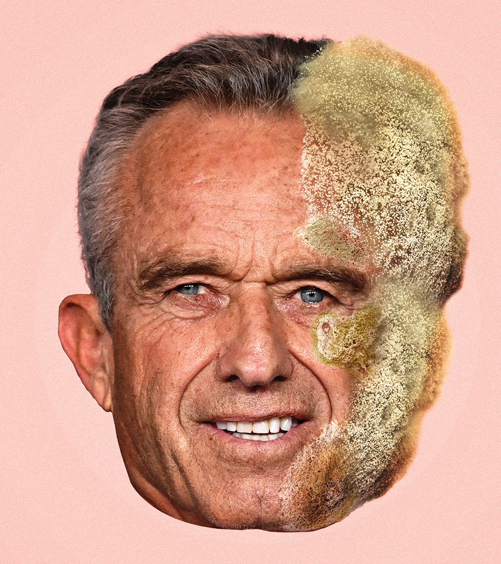 A photoillustration of Robert Kennedy Jr. as spoiled fruit—with mold covering the left side of his face.