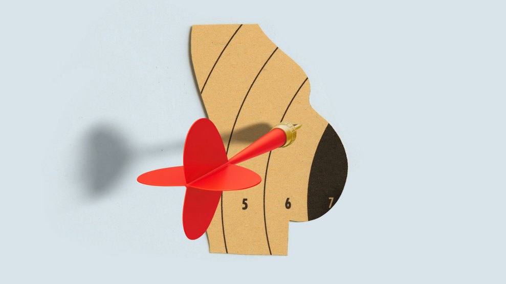 An illustration of a cardboard cutout shape of a pregnant person. The shape of the pregnant person has been cut from a dartboard pattern. And a red dart with a gold tip pierces the belly.