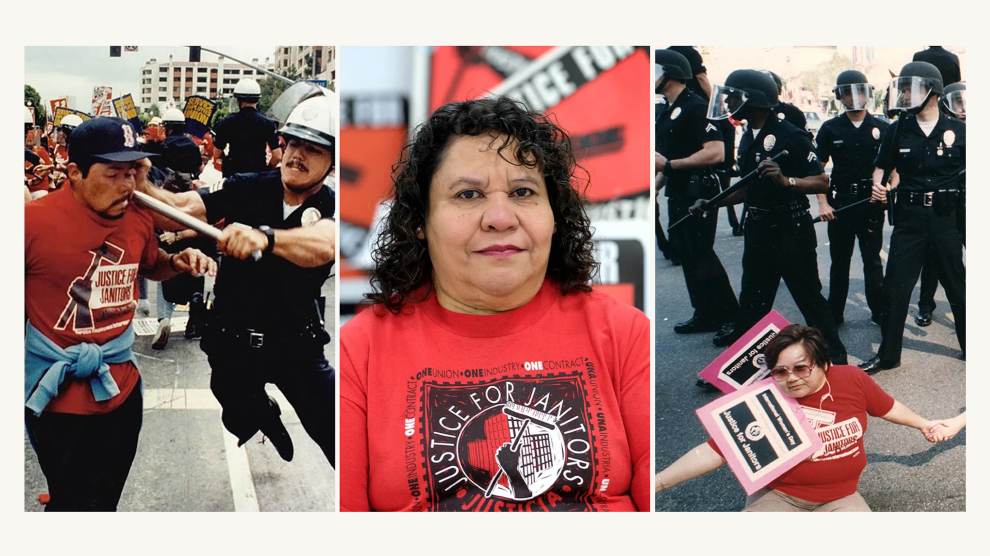 Three side-by-side images. Two on the outside edge show police confronting Justice for Janitors protesters. The middle photo is a portrait of a Latino woman.