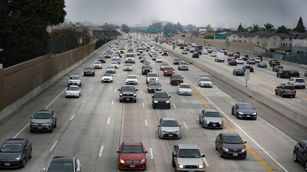 Cars driving on both sides of a US highway