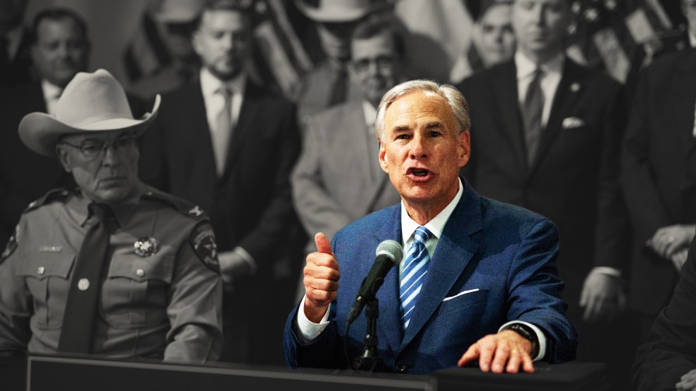 Texas Governor Greg Abbott flanked by law officials and politicians.