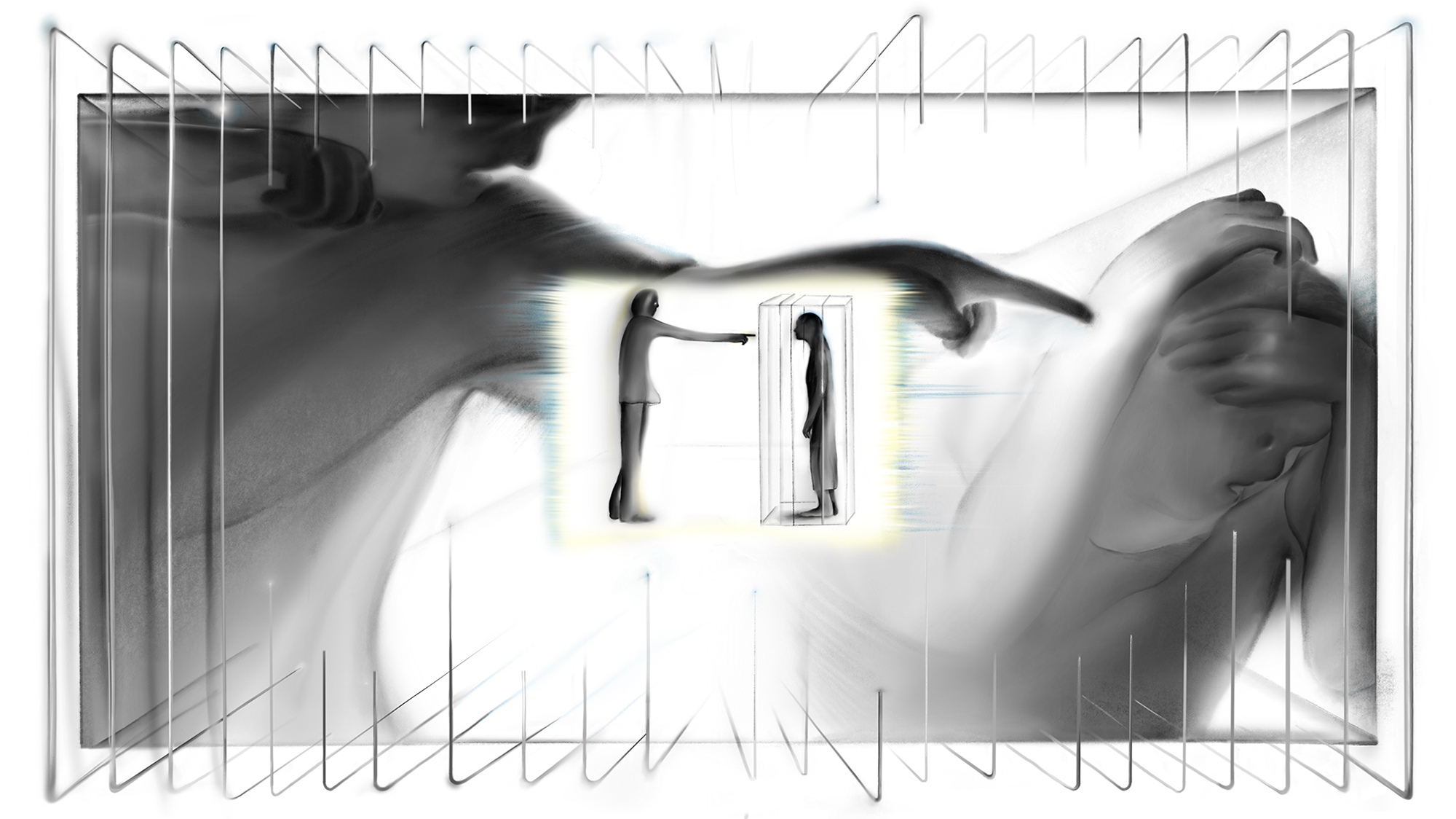 Abstract monochrome artwork showing two concentric scenes. The smaller shows one figure pointing a finger at another figure, trapped in a cage. The larger one shows two figures: the one on the left is about to throw a punch at the other on the right, who is cowering for safety. Prison bars encase the whole illustration.