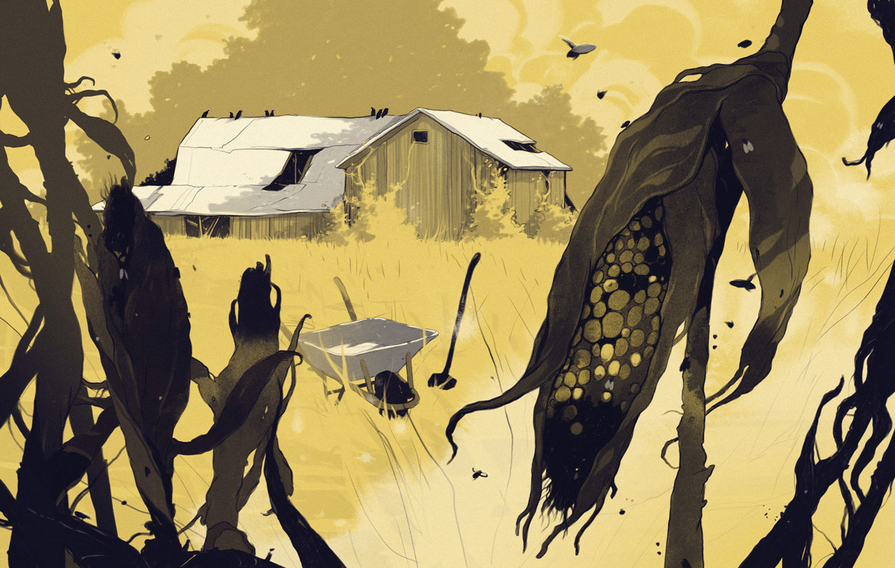 A digital illustration shows a dilapidated barn standing in a field overgrown with weeds. The foreground is dominated by tall, withered corn stalks, one of which has a damaged ear of corn exposed. A wheelbarrow and some gardening tools are visible among the vegetation, suggesting abandonment and neglect. The scene is shaded in muted yellow and green tones, giving it a somber and desolate atmosphere.