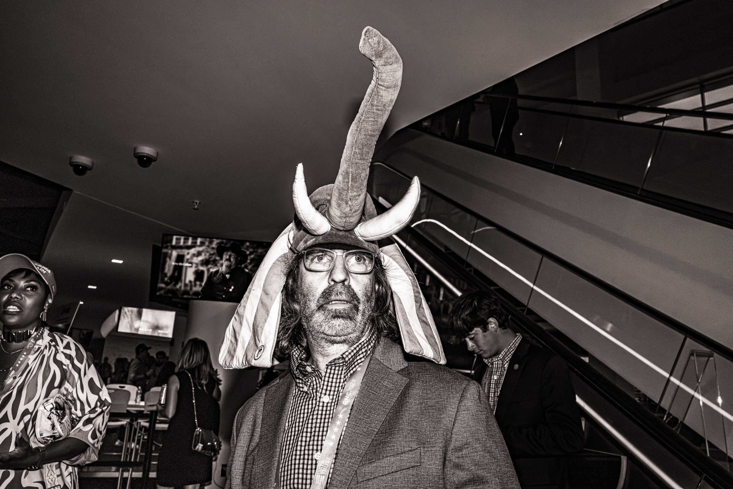 Man wearing a hat styled like an elephant's head.