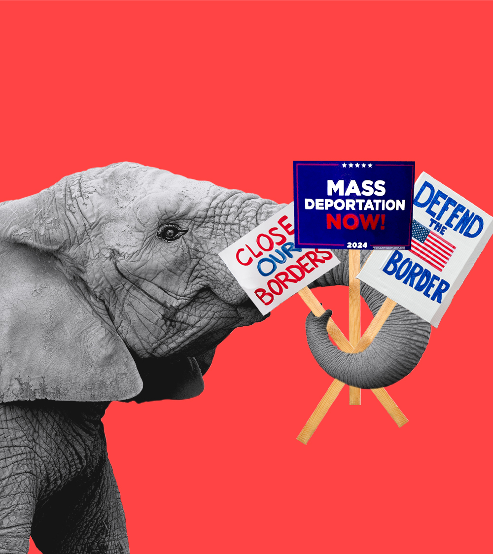 An elephant, representing the Republican Party, holds three signs with its trunk, which read (1) "Close Our Borders"; (2) "Mass Deportation Now!"; (3) and, "Defend the Border".