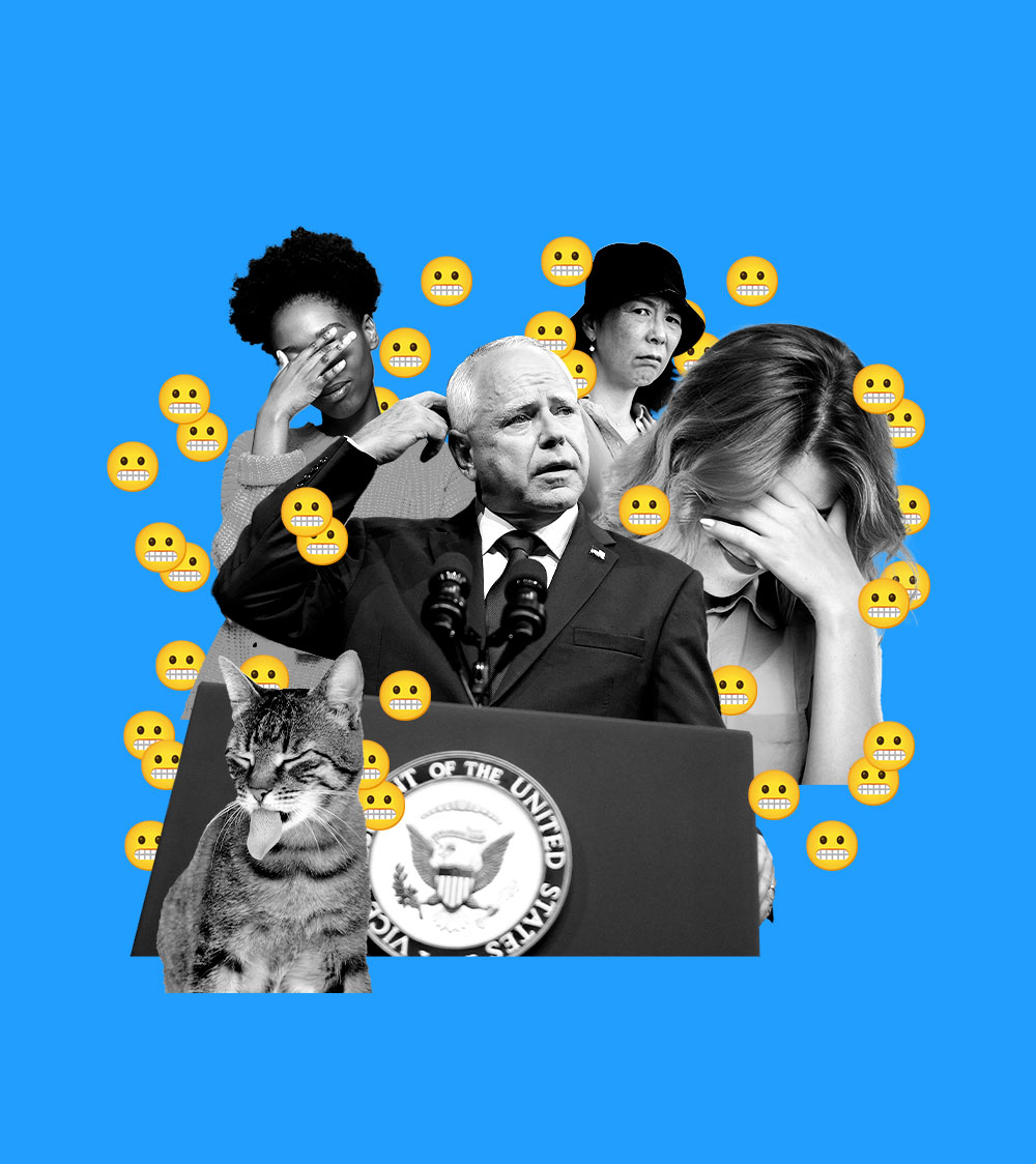 A collage of four people, including Tim Walz, and a cat, looking embarrassed, confused and disgusted. The people are surrounded by grimacing emojis