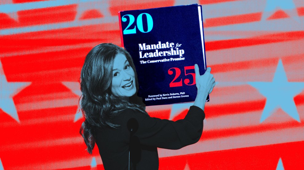 Michigan State Senator Mallory McMorrow shows the audience at the Democratic National Convention the book cover, which reads "2025: Mandate for Leadership. The Conservative Promise"