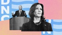 A collage of Kamala Harris and Tim Walz set against a textured background with soft pastel colors—blue, pink, and orange. On the left side of the image, Governor Walz is shown speaking from behind a podium with his hands raised in a gesture. The word "DNC" appears vertically in large white letters against the blue background. Kamala Harris dominates the right side of the image, portrayed in a close-up.