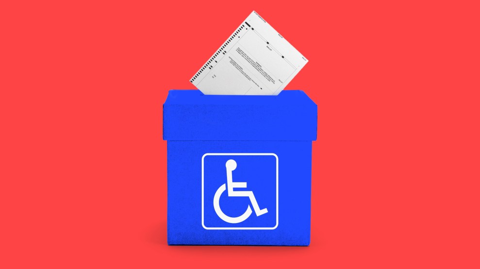 An illustration of a ballot being dropped into a box, which is blue and has a wheelchair sign on it. The background is red.