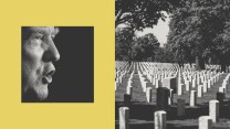 A diptych that places a tight frame of Donald Trump's face as he's speaking on the left, and the many rows of gravestones of The Arlington National Cemetery on the right.