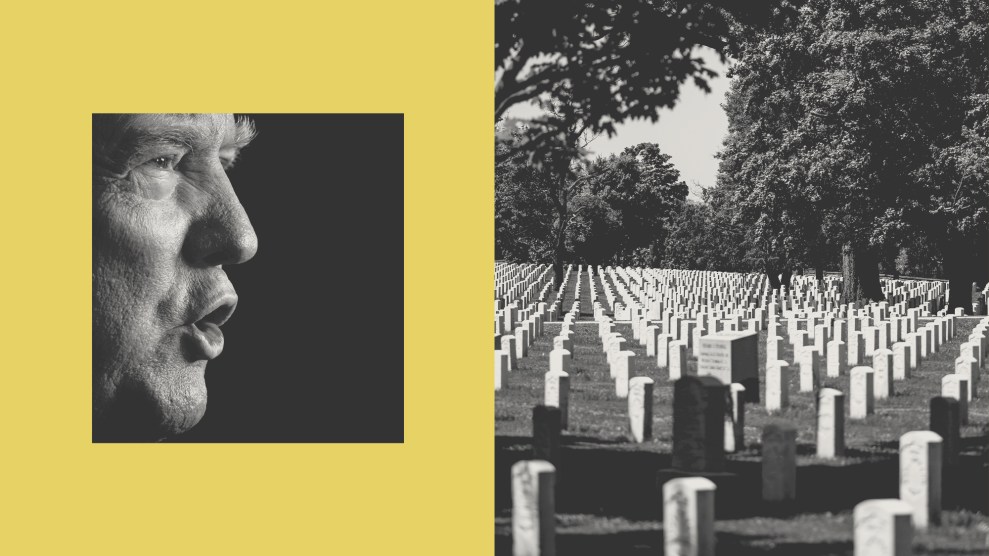 A diptych that places a tight frame of Donald Trump's face as he's speaking on the left, and the many rows of gravestones of The Arlington National Cemetery on the right.