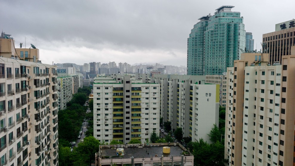 A corridor of residential buildings in Seoul, South Korea.