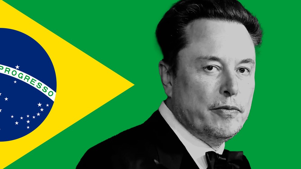 Black and white photo of Elon Musk on a green background; half of the Brazilian flag is visible on the left.