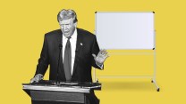 A composite photo illustration of Donald Trump standing in front of a blank white board.