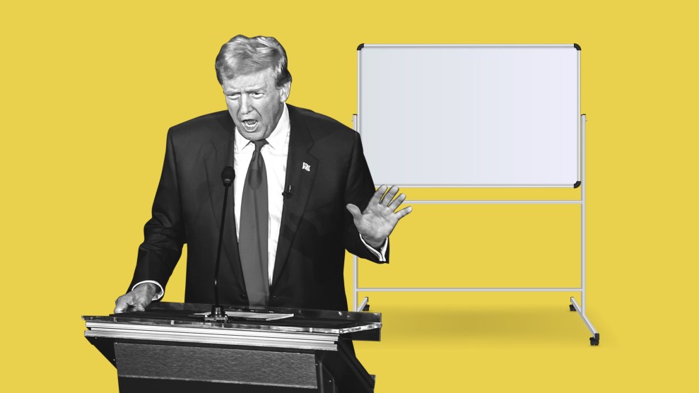 A composite photo illustration of Donald Trump standing in front of a blank white board.