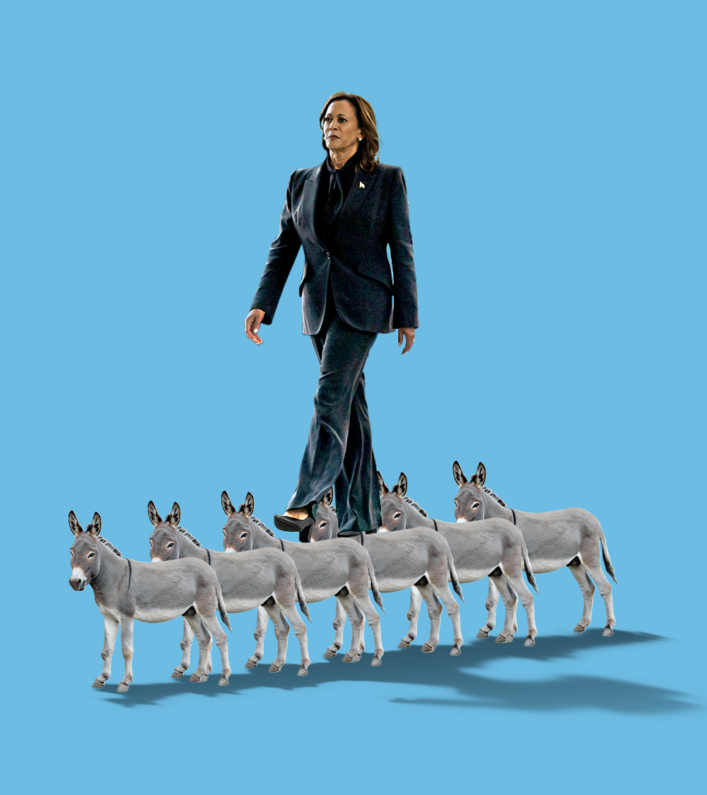 An illustration of Kamala Harris walking on the backs of donkeys