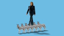 An illustration of Kamala Harris walking on the backs of donkeys