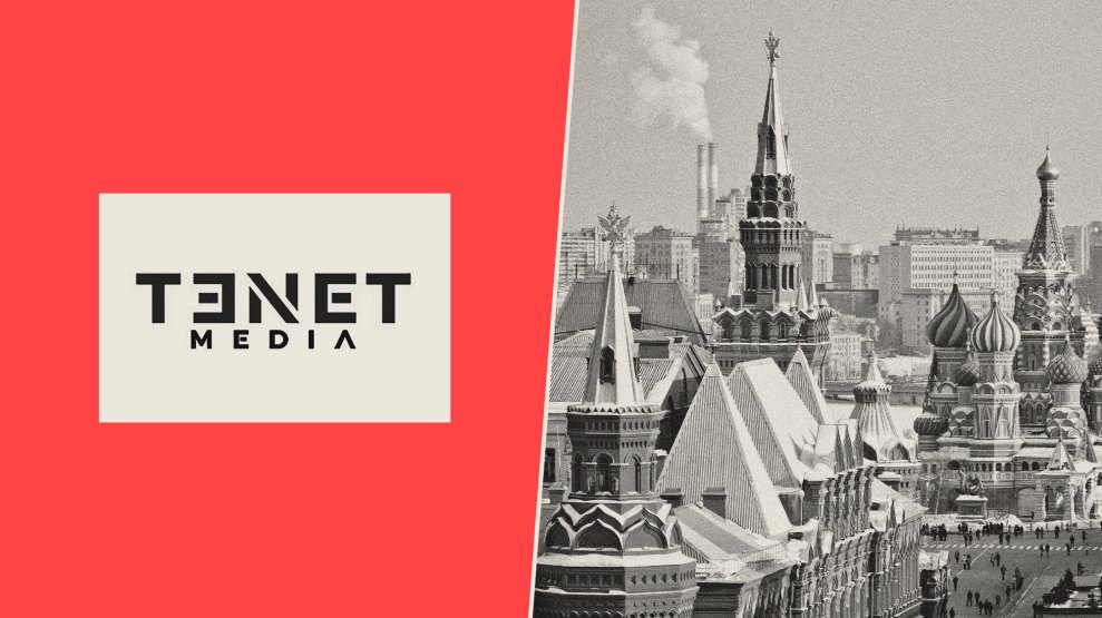 A split image with a TENET MEDIA logo on the left and a photo of Moscow on the right.