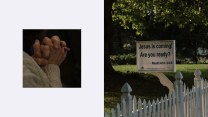 An image divided into two sections. On the left, there is a close-up of hands clasped together in prayer, with the person wearing a knitted sweater. On the right, a white picket fence surrounds a yard where a sign reads, “Jesus is coming! Are you ready? Read John 14:3.”