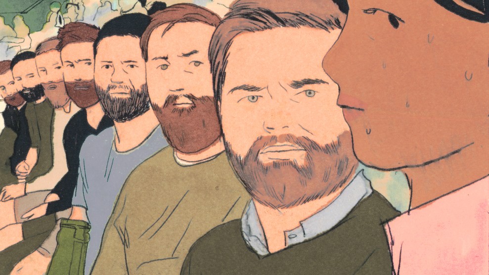 An illustration of a crowd at a stadium, with a long row of men in the foreground who appear almost identical, all sporting beards and casual clothing. They are all looking toward a woman sitting at the end of the row, who appears to be sweating and looking uncomfortable.