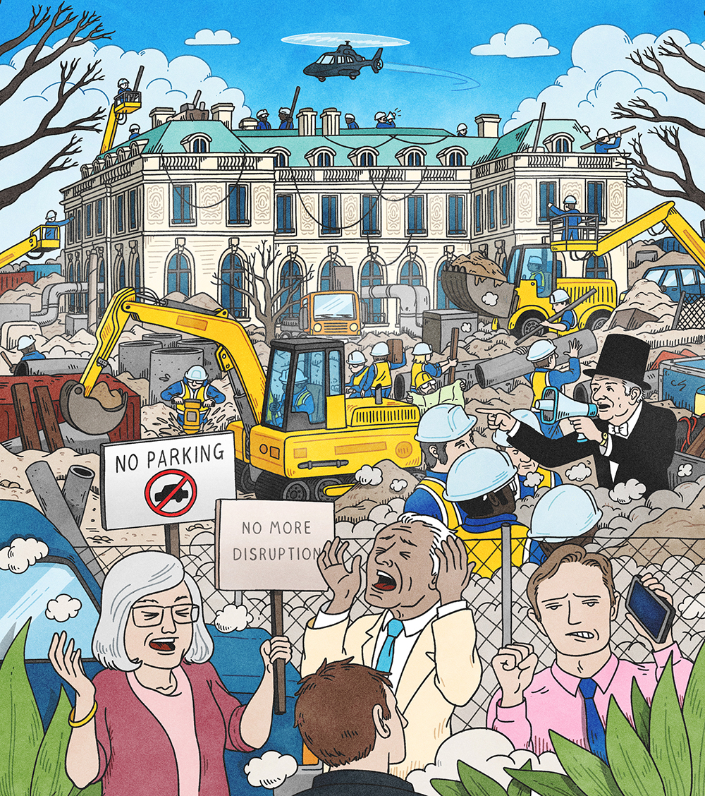 An illustration of a large mansion surrounded by a chaotic construction site. Workers in hard hats and yellow vests operate heavy machinery like bulldozers and cranes. Above, a helicopter hovers, and additional workers are stationed on the mansion’s roof. In the foreground, a group of people stand behind a fence with a "No parking" sign; one holds a sign reading, “No More Disruption.” They appear frustrated, with one man covering his ears and another angrily gesturing.