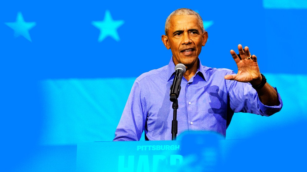 A treated photo of Barack Obama shows him speaking against a tinted blue background.