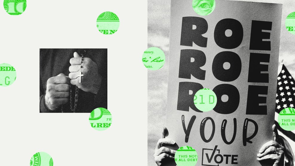 A collage that pairs two photos: the smaller photo on the left is a black-and-white image of a priest holding a rosary. On the right is a person holding a sign that reads 'Roe Roe Roe Your Vote'. Overlaying the image are green circles, and each circle is a snippet of a $100 bill.