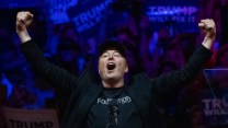 Elon Musk screams as he stands behind a podium with fists raised in the air. A horde of Trump supporters with signs reading 'Trump Will Fix It' cheer behind him.