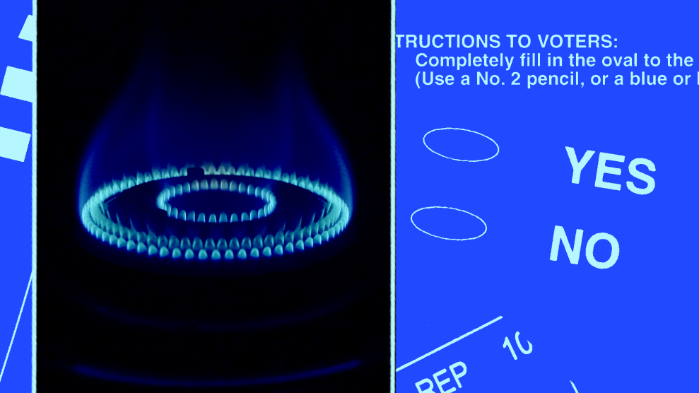 A collage of a gas-powered burner and pieces of a ballot that read 'Yes' and 'No' next to oval circles.