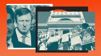 A collage of blue tinted photos against a red background. On the left is a photo of a man in a suit looking serious. On the right is a photo of protestors in front of a building holding signs that say things like, “Recall,” “Fiscal disaster,” and “Chop from the top.”