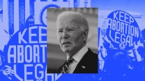 A collage that pairs abortion rights activists, background, and a tightly cropped image of the face of Joe Biden. The image of the activists is in a dark monochrome blue. Biden's image is black and white.