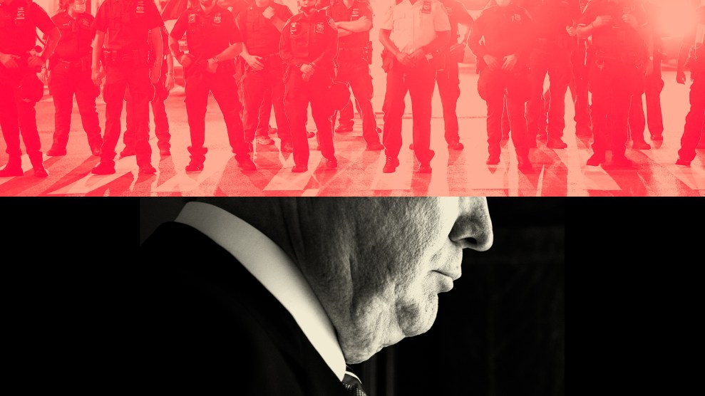 A collage of two halves. At the top, police and armed guards, bathed in a red gradient, form a line. In the lower half of the image, an image of Donald Trump in profile, cropped from the middle of his nose to just below the top of his tie.