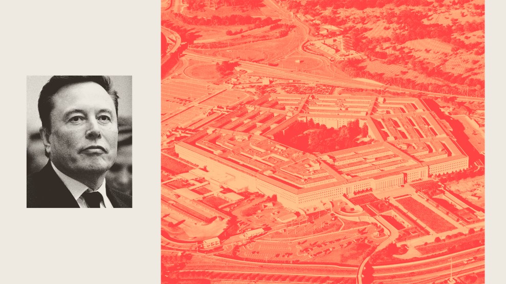 A diptych with a photo of Elon Musk on the left and a red-tinted photo of the Pentagon on the right.