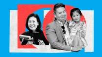 Congressional candidates Derek Tran holding his daughter and Michelle Steel are shown on a red and blue background.