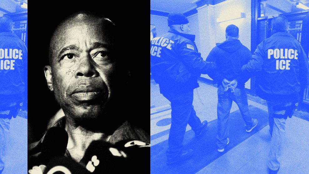 Black and white portrait of NYC Major Eric Adams speaking to into microphones, overlaid on a repeating image of Immigration and Customs Enforcement officers escorting a migrant into custody.