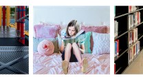 A young girl reading while the background behind her swipes between home and school.