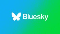 Illustration of the Bluesky logo which includes the name and a butterfly, on a blue and green gradient.