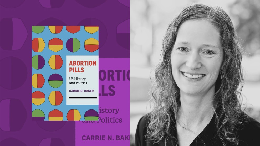 A diptych of the book cover for "Abortion Pills," which features a mix of hexagonal and circular pills, and a photo of the author, Carrie N. Baker.